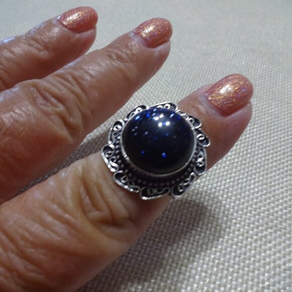 Sparkling BLUE SUNSTONE Handmade Sterling 925 Ring Size 7.75 #381C - Picture 1 of 3